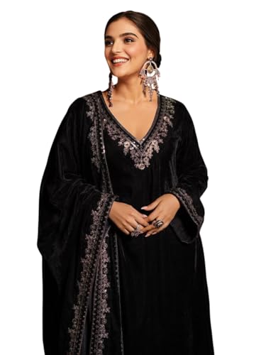 ishin Women's Black Yoke Design Zari Work Velvet Straight Kurta with Trousers & Dupatta