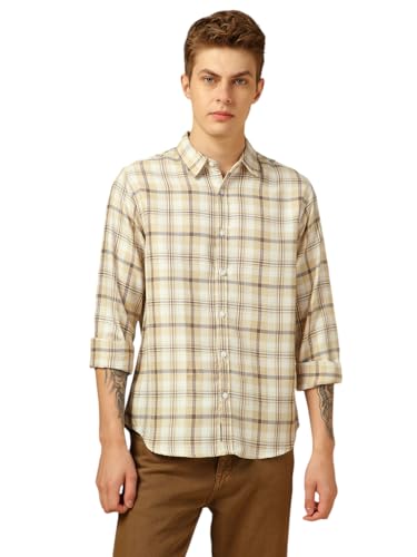 Dennis Lingo Men Relaxed Fit Cotton Full Sleeves Checks Casual Shirts Beige