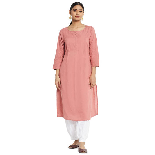 Fabindia Women Neck Woven Cotton Long Kurta Round_Pink