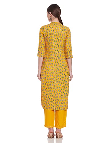 Anubhutee Women's Yellow Blue Floral Printed Empire Cotton Straight Kurta Suit Set with Pants