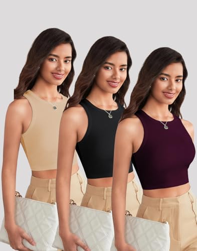 Toochki Womens Casual Sleeveless Solid Crop Tops Pack of Three Tops