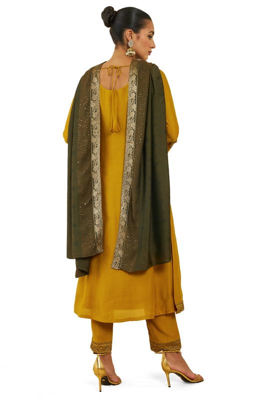 Soch Womens Mustard Chanderi Suit Set With Embroidery And Sequins