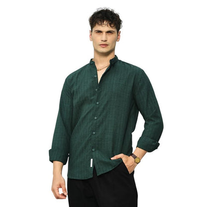 Campus Sutra Mens Emerald Green Pinstriped-Tactile Shirt for Casual Wear | Mandarin Collar | Long Cuffed Sleeves | Button Closu