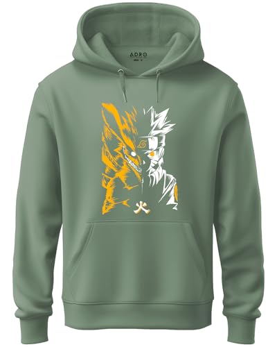 ADRO Mens Hoodies with Naruto Uzumaki Anime Printed, 100% Cotton 340GSM Warm & Soft Fabric. (H23-M-NRR-PT_Pista_XL)