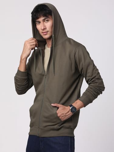 ADRO Mens Cotton Solid Zipper Hoodie Sweatshirts (ZH23-PLN-OL_Olive)