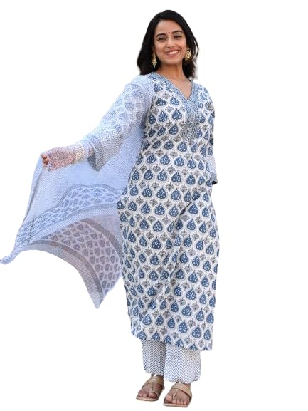 Pinkmint Women Hand Block Printed Kurta and Palazzo Set with Dupatta