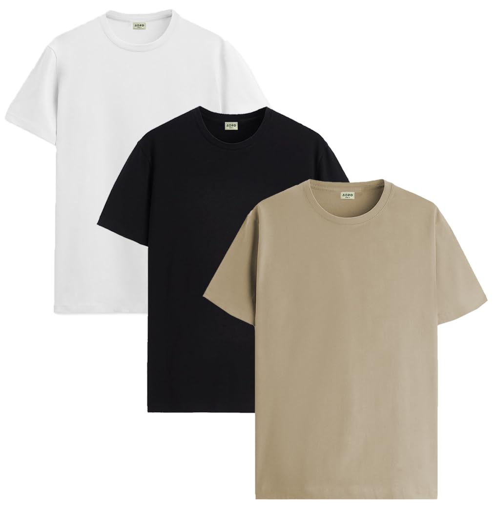 ADRO Mens Solid Regular Fit T-Shirt (RCM3-PLN-BL-BE-WH_Black,Beige,White
