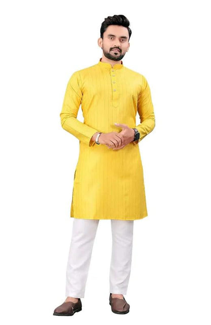 Fashion Gallery MenS Solid Pattern Polycotton Kurta With Long Sleeve Round Neck Knee Length And Pull On Closure Type|Men Kurta