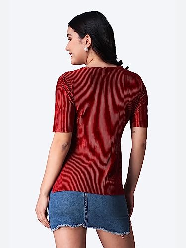 POPWINGS Casual Wrinkle Belt Top for Women || Round-Neck Stylish Summer Tops for Women || Half Sleeves Tops for Women Maroon