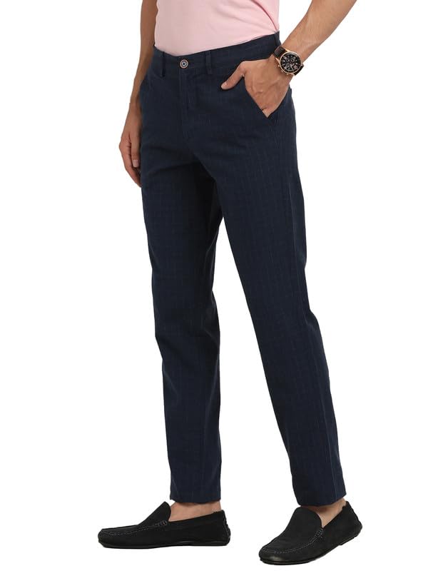 Turtle Men Cotton Linen Navy Check Ultra Slim Fit Casual Trouser