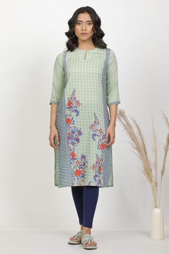 W for Woman Green Floral Print Polyester Straight Kurta Set with Tight