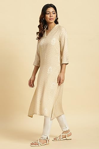 W for Woman Beige Floral Printed A-line Casual Kurta