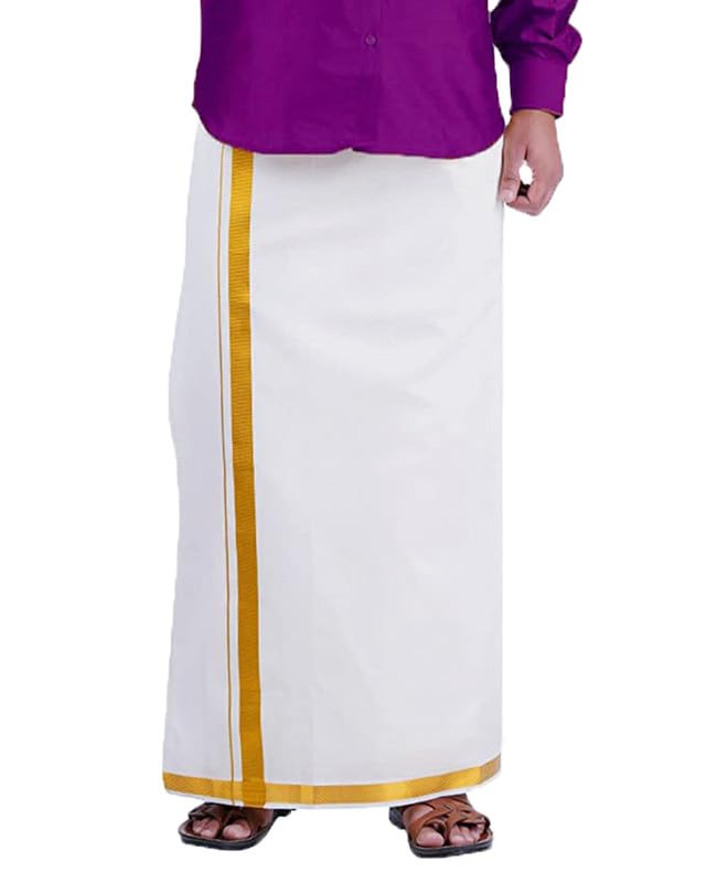PRAKASAM COTTON White Colour-Gold Jari Border Welcro Pocket Stitched dhoti for mens/Size Hip -30 inches- Length- 42 inches