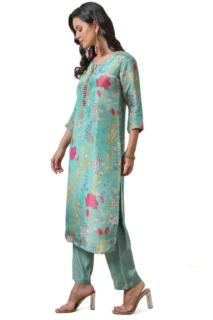 Soch Womens Turquoise Blue Botanical Print Tissue Kurta Set