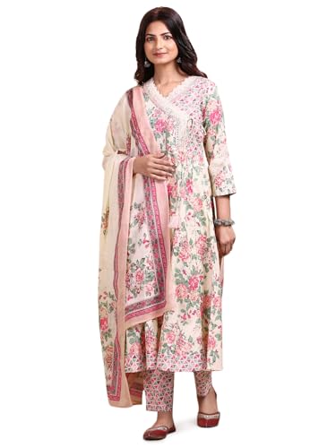 Ishin Floral Printed V-Neck Pure Cotton Kurta With Trousers & Dupatta | Kurta Set For Women | Kurta With Trousers And Dupatta