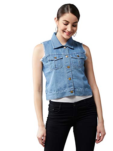 Dolce Crudo Womens Light Blue Denim Solid Raw Edge Crop Jacket(DOSS19DEN05-27-158-03,Light Blue,Small)