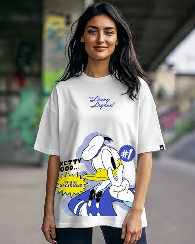 Bewakoof Official Disney Merchandise Donald Duck Womens Graphic Print Oversized Fit Half Sleeve Round Neck Cotton T-Shirt_64990