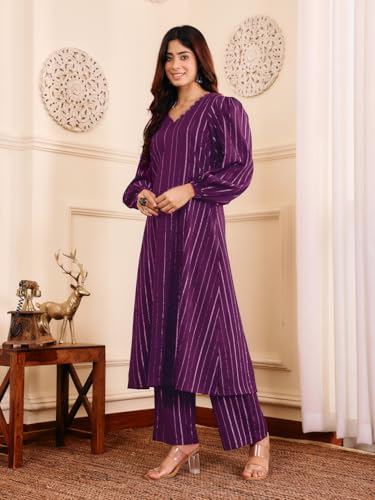 Varanga Women Purple Lurex A- Line Kurta With Trousers
