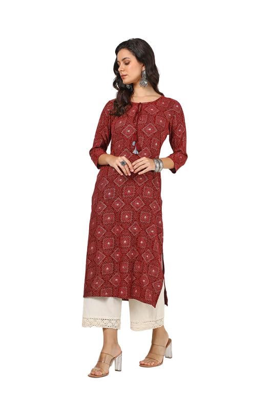 Soch Womens Maroon Rayon Bandhani Print Kurta With Tassels