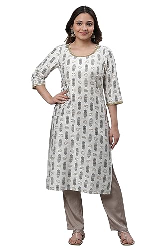 Aurelia Women's Pear White Geometric Print Viscose Straight Kurta