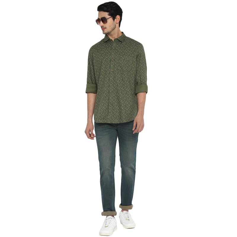 Turtle Men Cotton Olive Slim Fit Printed Shirts