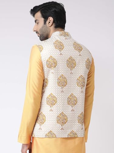Kisah Men White And Yellow Printed Pure Cotton Nehru Jackets Ethnic Festive Waistcoat Cotton, Regular Fit