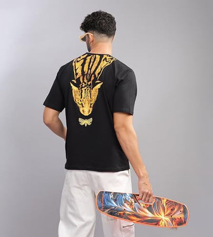 KYDA Mens 100% Pure Cotton Relaxed Fit Drop Shoulder Premium Front & Back Printed Black Oversized T-Shirt for Summer