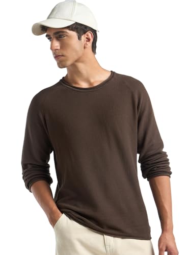 Bewakoof MenS Solid Regular Fit Raglan Sleeve Round Neck Pure Cotton Sweater_680241_Brown_S