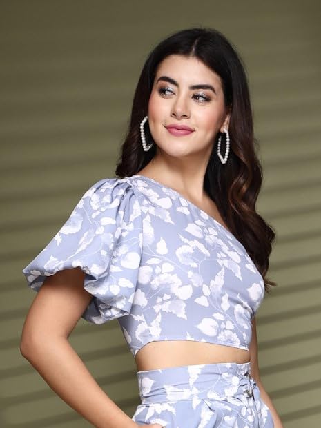 OOMPH! One Shoulder Crepe Crop Top, Grey, mt990