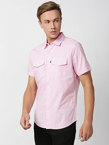 Thomas Scott Mens Checkered Slim Fit 100% Cotton Casual Shirt with Half Sleeve Pink