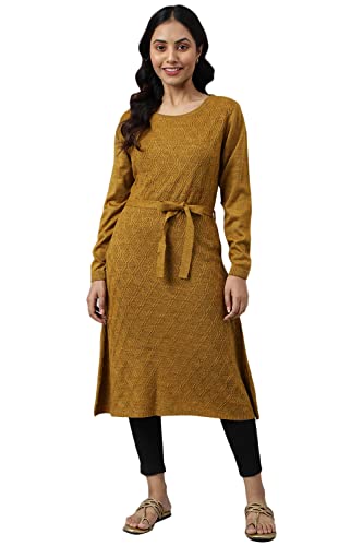 Aurelia Women Amber Gold Acrylic Solid Yarn Dyed Straight Kurta