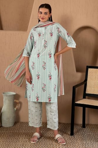 W Womens Light Green Floral Printed Cotton Kurta Dupatta Bottomwear with Lace