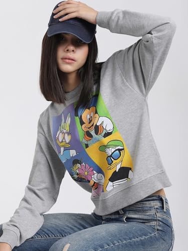 Beakoof Women Disney Typography Grey Full Sleeve Hooded Sweatshirt