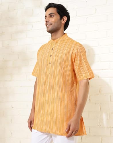 Fabindia MenS Cotton Dobby Regular Short Kurta (1038376Yellow_Yellow