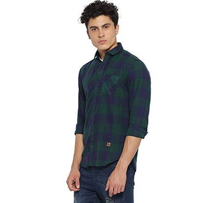 Campus Sutra Mens Green and Blue Checkered Button Up Shirt Regular Fit for Casual Wear | Structured Shirt Crafted with Regular
