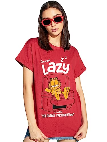 Bewakoof X Official Garfield Merchandise WomenS Selective Participation Graphic Printed 100% Cotton T-Shirt - Boyfriend Fit, Ro