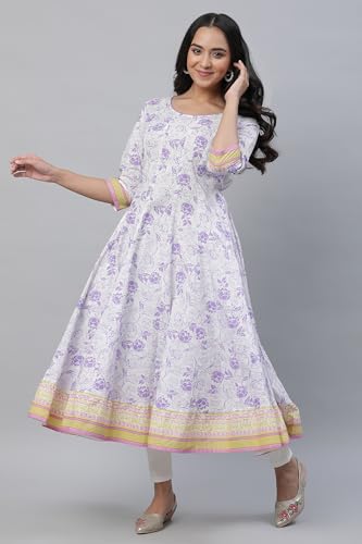 Aurelia White Kalidar Floral Printed Kurta, Tights and Dupatta Set