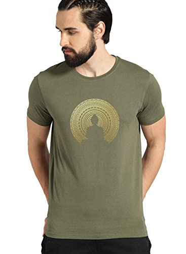 ADRO Men's Budha Gold Printed Cotton T-Shirt (RN23-GL-BUD-OL_Olive_XL)