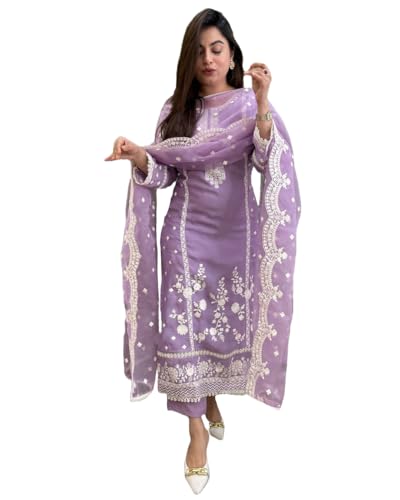 GoSriKi Womens Rayon Blend Straight Embroidered Kurta with Pant & Dupatta (Rosewood Purple-GS_L_Purple_Large)