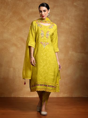 Varanga Women Floral Motif Thread Embroidered Yoke Kurta With Trouser & Dupatta