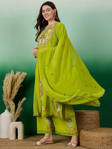 Serona Fabrics WomenS Faux Georgette Thread Embroidered Work Kurta With Palazzos & Dupatta