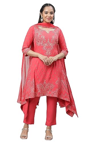 Aurelia Women's Viscose Red Rayon Twill Asymmetrical Kurta Trouser With Dupatta Set
