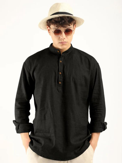 ROYALSCOUT Mens Cotton Polyester Blend Solid Regular Fit Full Sleeve Short Kurta Black