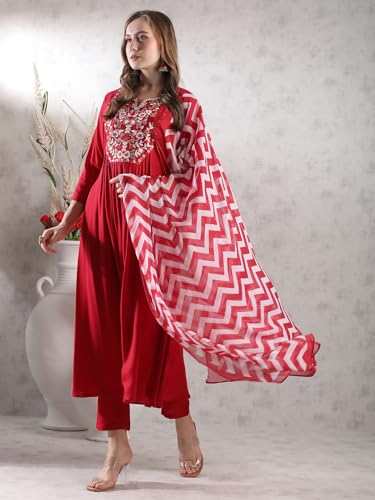 GoSriKi Women's Kurta Set, Embroidered Viscose Blend, Size 40, Red, with Trousers & Dupatta, Model VARALAXMI RED-VKS02-GS