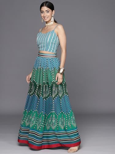 Varanga Teal And Green Floral Printed Strap Style V-Neck Top Paired With Tonal Printed Lehenga And Solid Dupatta With Four Side