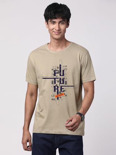 ADRO Men's Graphic Printed 100% Cotton T-Shirt - Regular Fit, Printed T-Shirts for Men (RN24-FTR-BE_Beige)