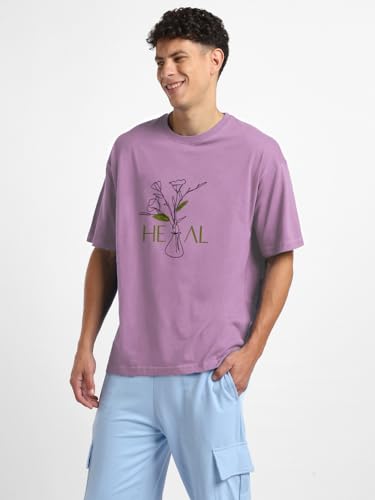 Nobero MenS Graphic Print Oversized Fit T-Shirt (1M-Twrt-C0772-Mu_Mauve
