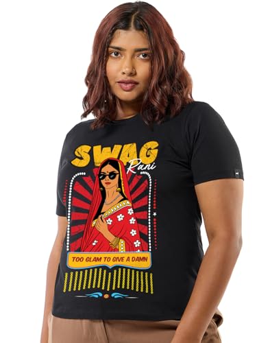 Bewakoof Womens Graphic Printed Regular Fit Half Sleeve Round Neck Cotton Jersey Plus Size T-Shirt_666806_Black_5XL