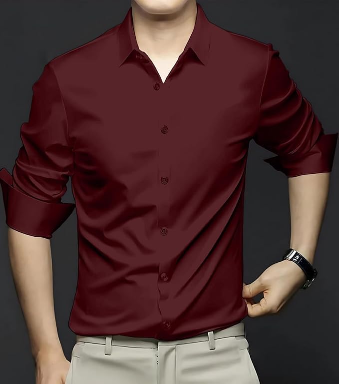 Deelmo Combo Of MenS Stylish Solid Satin Casual Shirt For Men Full Sleeves| Poly Satin Silk Shirt Pack Of 2 Maroon-Red