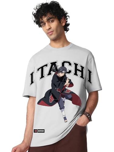 Bewakoof Official Naruto Merchandise Itachi Uchiha Mens Graphic Printed Oversized Fit Half Sleeve Round Neck Cotton Jersey T-Sh